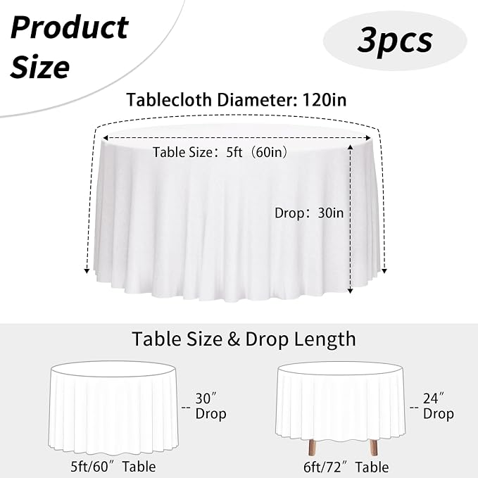 Fixwal 3 Pack White 120 Inch Round Tablecloths, Reusable Heavy Duty Washable Polyester Table Covers for Wedding, Party, Birthday, Outdoor, Picnic, Camping