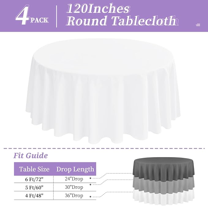 4 Pack White Round Tablecloth 120 Inch - Circle Polyester Table Cloth for Round Table, Stain and Wrinkle Resistant Washable Fabric Table Cover for Wedding Party Banquet Restaurant Reception Dining