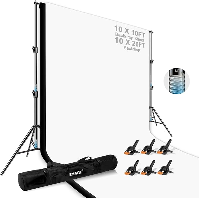 EMART 10 x 10ft Heavy Duty Background Support System,Professional Photo Backdrop Stand Kit with 10 x 20 ft Polyester Backdrop (White,Black),Clamp,Carry Bag for Parties,Photography,Wedding,Decoration