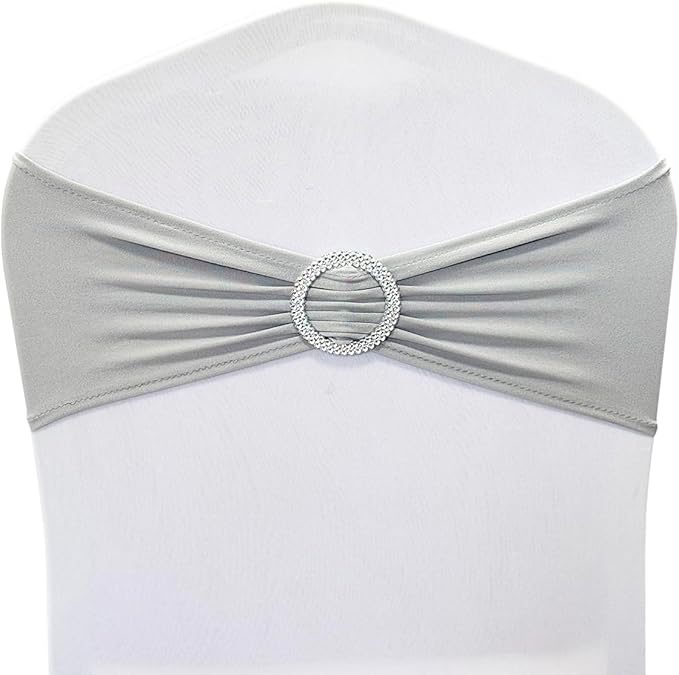 Spandex Chair Sashes Bands 30PCS Stretch Chair Ties Bows with Buckle Slider for Wedding Party Banquet Decoration (Silver)