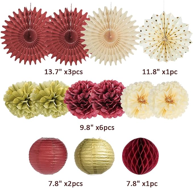 Burgundy Birthday Decorations for Women Maroon and Gold Party Decorations Tissue Paper Pom Poms Paper Fans Lanterns Maroon Birthday Decorations with Happy Birthday Banner Gold Circle Garland