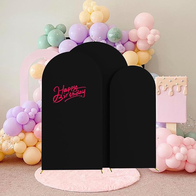 HAINARverS Set of 3 Wedding Arch Cover 6FT,6.6FT,7.2FT Spandex Fitted Stretchy Arch Stand Covers,2 Sided Round Top Chiara Backdrop Cover Banquet Baby Shower Arch Decoration(Black)