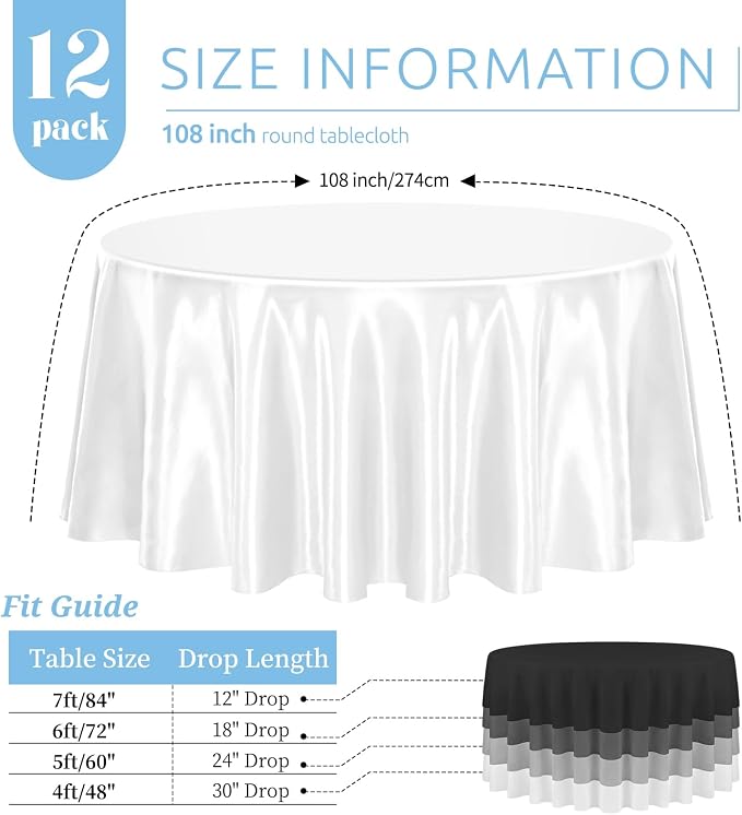 12 Pack 108 Inch Round White Satin Tablecloths, Wrinkle & Stain Resistant, Perfect for Weddings, Fine Dining & Casual Settings