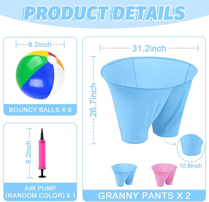 Granny Pants Outdoor Game, 2PCS Granny Pants Game with 8 Bouncy Balls and 1 Air Pump (Random Colors) Granny Pants Yard Game Baby Shower Funny Party Game for Adults & Family, Giant Pants Catch