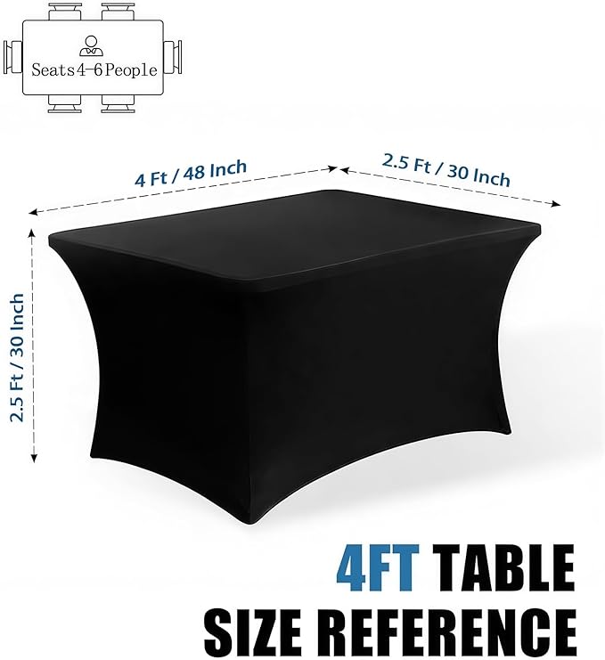 4FT Black Table Cloth - 8 Pack, Fitted Stretch Rectangle Spandex Tablecloth, Washable Table Cover for Party, Dining, Wedding, Banquet and Festival(Black, 30" x 48")