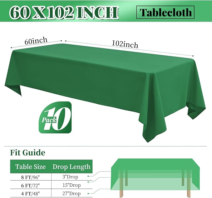 fani 10 Pack 60 x 102 Inch Tablecloth, Green Tablecloth for 6 Feet Rectangle Tables, Stain and Wrinkle Resistant Washable Fabric Table Cloth for Wedding Party Dining Table Buffet Parties Camping