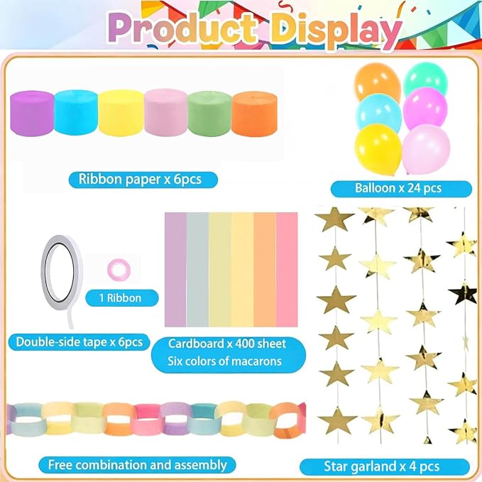 Pastel Paper Chain Garland Party Decorations Include 400 Sheet Paper Chain Strips,492ft Crepe Paper Streamers,52ft Star Strips Hanging,24 Balloons for Kid's Birthday Wedding Party Supplies