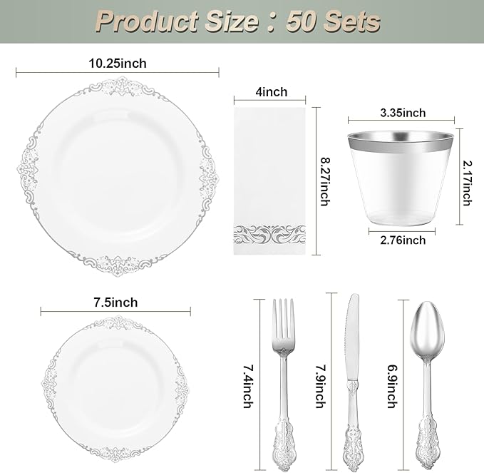 Bestluck 350PCS Silver Plastic Plates for 50 Guests, Disposable Dinnerware Set Includes 100 Disposable Plates, 150 Silver Silverware, 50 Cups, 50 Napkins for Party & Wedding
