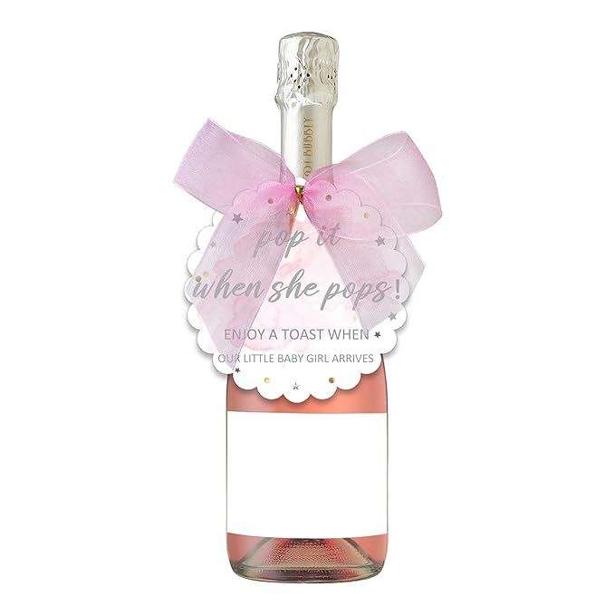 Pink Pop It When She Pops Baby Shower Bottle Tags, Pop the Bubbly When She Pops Tags, Girls’ Champagne Baby Shower Favor Label with Bows Set of 30