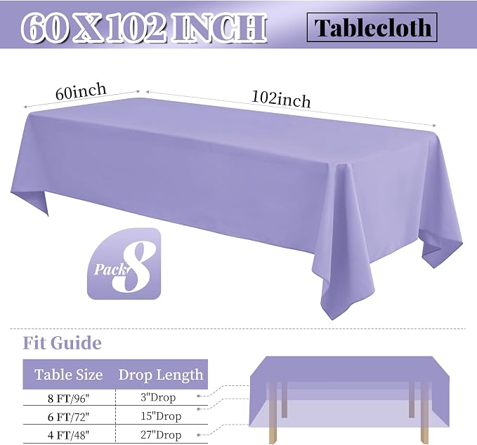 8 Pack Polyester Tablecloth 60 x 102 Inch Lavender Tablecloth for 6 Ft Rectangle Tables,Stain and Wrinkle Resistant Washable Fabric Table Covers Polyester Table Clothes for Wedding Parties Banque