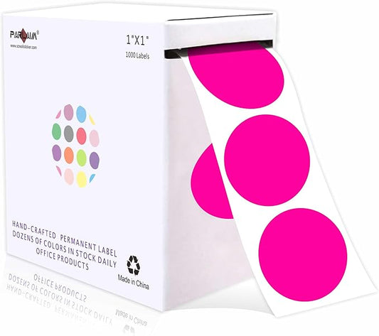PARLAIM 1 Inch Round Permanent Adhesive Color-Code Dot Stickers,1000 per Roll dots Label Dispenser Box,Green Circle Stickers Label (Fluorescent Pink)