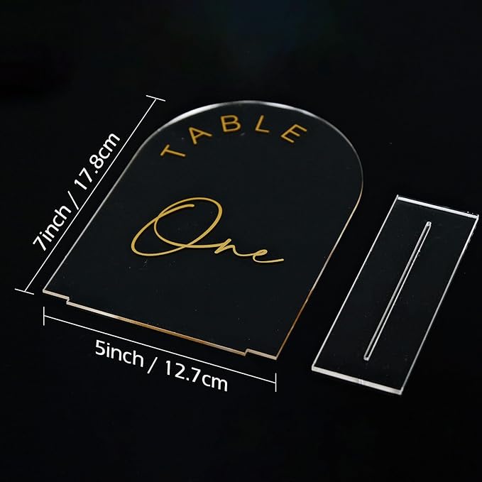 JINMURY Acrylic Arch Table Numbers with Stands, 5x7 Inch Acrylic Arch Sign Table Numbers for Wedding (Clear Gold Font, 5x7 Inch Table Number 1-30)