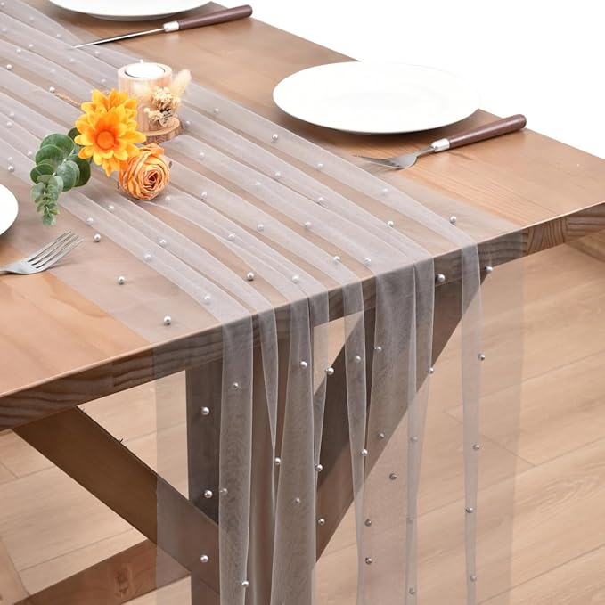 Gray Pearl Table Runner Boho Rustic Tulle Lace Dining Baby Shower Wedding Arch Decor Veil Dessert Holiday Centerpiece Table Decor