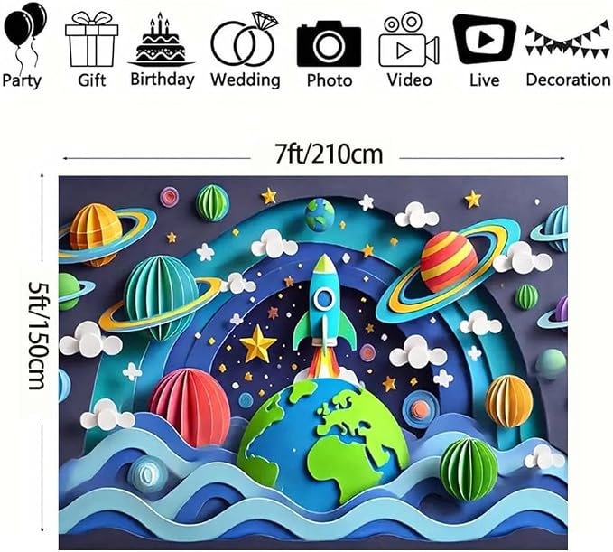 Galaxy Planet Party Photo Backdrop Space Happy Birthday Photography Background for Kids Boys Birthday Celebrations Party Decorations Solar System Planets Galaxy Banner(C, 7x5feet)