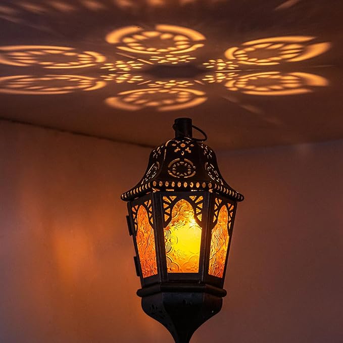 Moroccan Lantern Decorative Indoor & Outdoor, 13.6’’ Vintage Decorative Hanging Lanterns with Chain for Home Porch Patio Decor, Metal Christmas Ramadan Candle Holder Decorations (Amber)