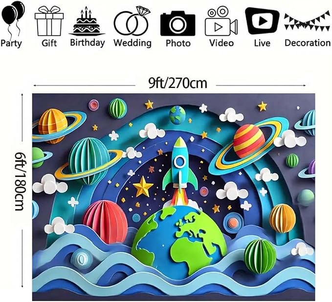 Galaxy Planet Party Photo Backdrop Space Happy Birthday Photography Background for Kids Boys Birthday Celebrations Party Decorations Solar System Planets Galaxy Banner(C, 9x6feet)