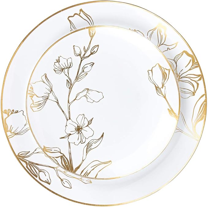 PLASTICPRO White Plastic Design Party Plates Premium heavyweight Elegant Disposable Tableware Dishes (128, Gold Floral)