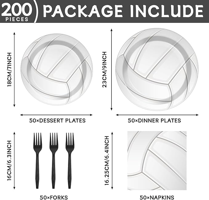 Qyeahkj 50 Guests Volleyball Plates and Napkins Party Supplies Volleyball Birthday Party Decorations Disposable Tableware Set Sports Dinnerware Favor for Kids Baby Shower Decorations, 200PCS