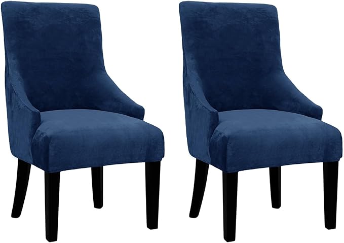 Velvet Wingback Dining Chair Cover Soft Stretch Accent Chair Cover Slipcover Thick Plush Wing Back Chairs Covers Furniture Protect Washable Chairs Protector Covers for Dining Room (Deep Blue, 2)