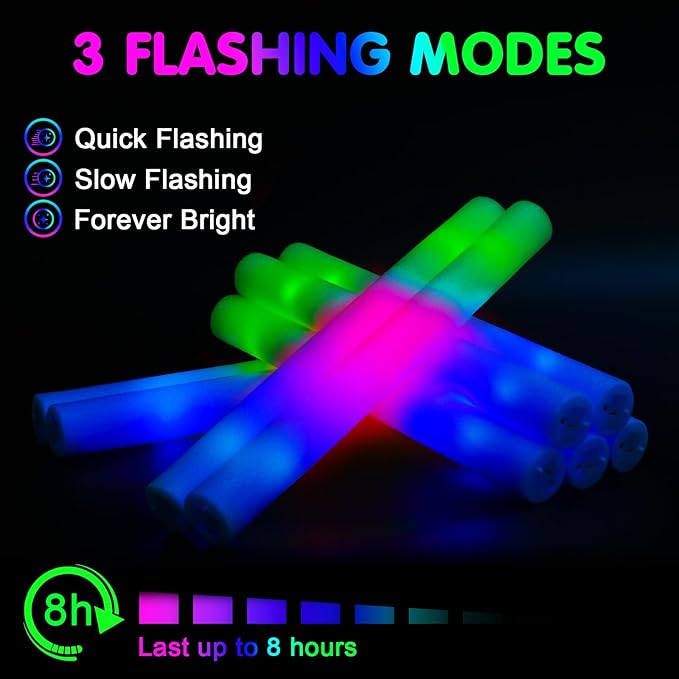 wellent 55 PCS Foam Glow Sticks, Foam Light Up Sticks Party Supplies with 3 Mode Colorful Flashing, Glow Sticks Bulk Party Pack, Led Foam Sticks for Birthday, Wedding, New Year, Carnival, Concert