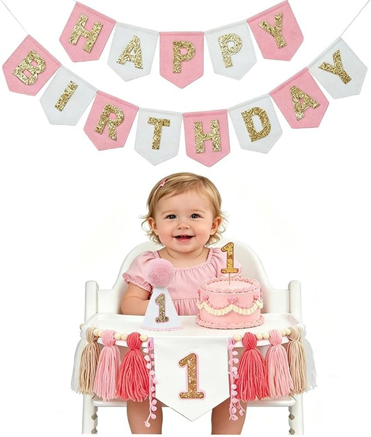 First Birthday Decorations For Girl- Felt Happy Birthday Banner Pink Gold 1st Birthday High Chair Decorations,Birthday Topper Party Hat,Boho Pink Gold 1st Birthday Party Supplies For Girl