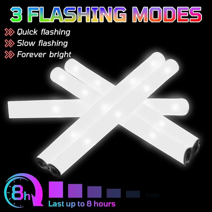 Foam Glow Sticks Bulk, 40 Pack White Light Up Foam Sticks 3 Modes Flashing, Glow Party Supplies for Valentine's Day, Wedding,Raves, Carnival, Concert, 4th of July, Halloween, Christmas,