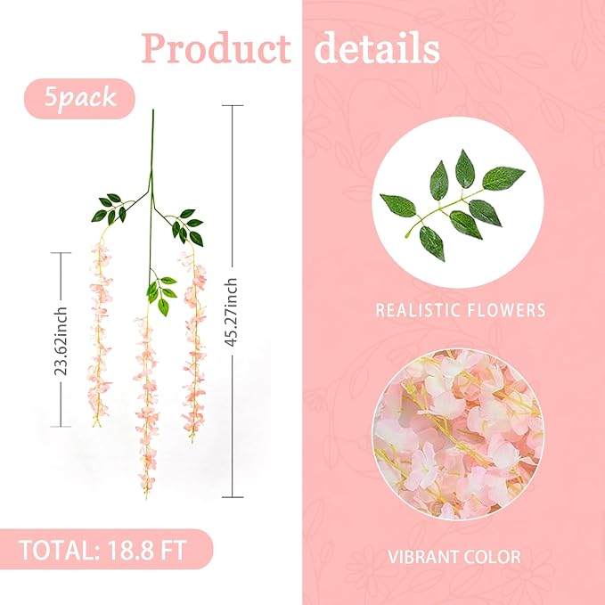5 Pack Light Pink Wisteria Hanging Flowers Garland, 3.77 Feet Artificial Flower Vines, Fake Wisteria, Artificial Vines Hanging Garland for Backdrop Outdoor Yard Garden Decor