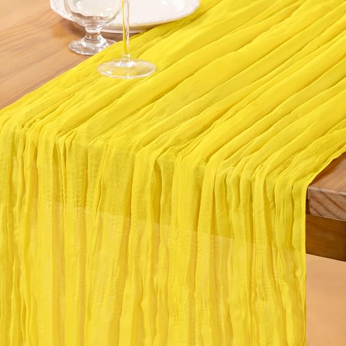 DeZerlor Lemon Yellow Cheesecloth Table Runner Spring Easter Table Runner Boho Gauze 120 Inches Yellow Cheese Cloth Table Decor for Wedding Bridal Baby Shower Parties