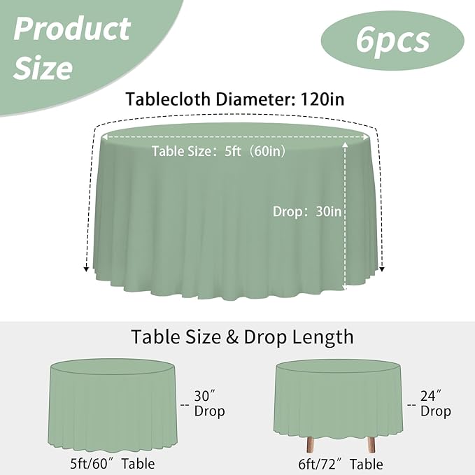 Fixwal 6 Pack Sage Green 120 Inch Round Tablecloths, Reusable Heavy Duty Washable Polyester Table Covers, Stain and Wrinkle Resistant for Wedding, Baby Shower, Boho Party, Outdoor, Picnic