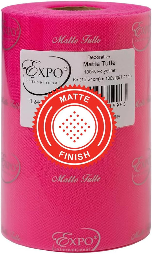 Expo International Decorative Matte Tulle, Roll/Spool of 6” X 100 Yards, Lightweight Polyester Tulle Fabric for Tutus, Costumes, and Party Decorations, Washable, Easy-to-Use, Hot Pink
