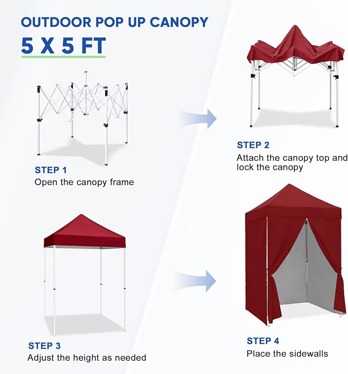 COOS BAY 5x5 Pop Up Canopy Tent with Side Walls, Easy Setup Portable Sun Shelter with Carry Bag, Outdoor Shade for Beach, Camping, Sports & Backyard, Burgundy