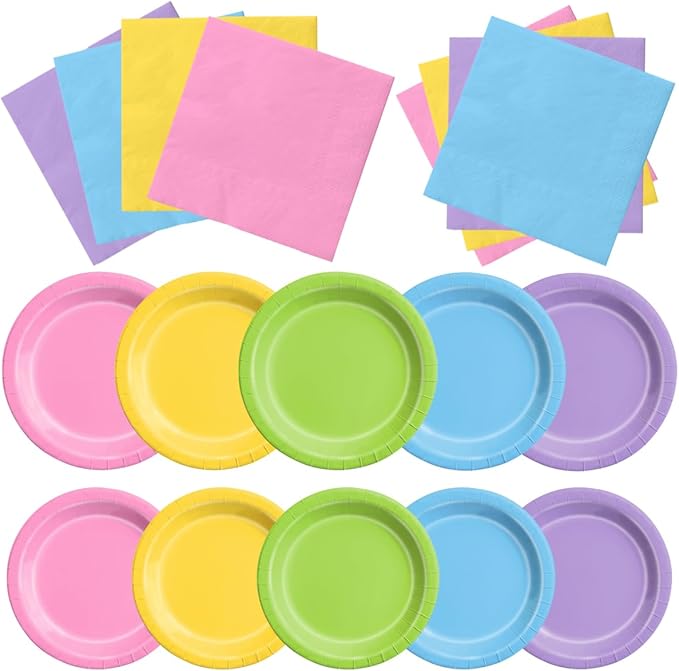 CMUSKO 60Pcs Rainbow Plates and Napkins - Cute Bear Party Decoration Colorful Pastel Tableware for Birthday,Baby Shower,Wedding