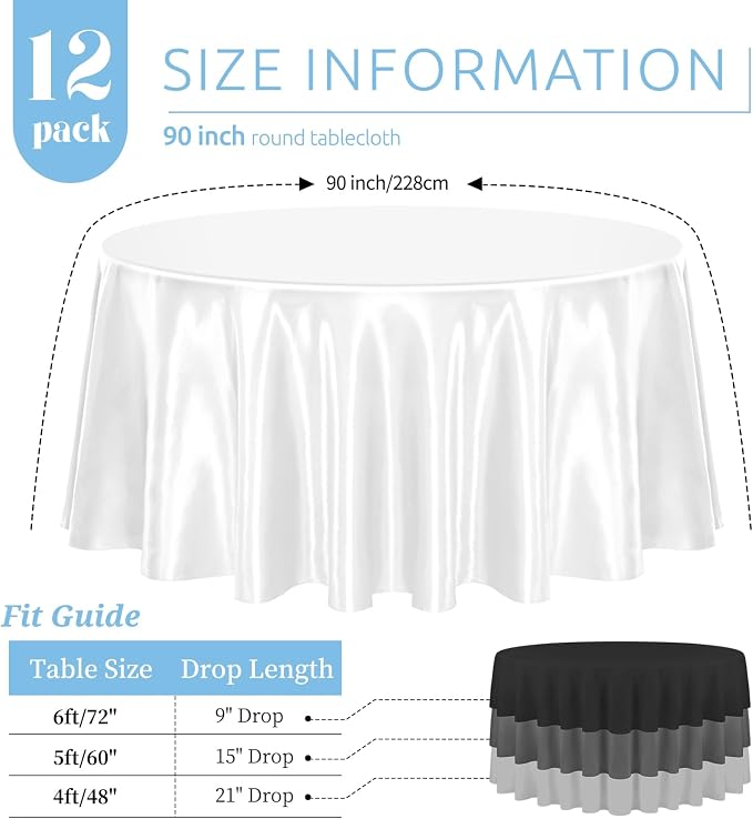 12 Pack 90 Inch Round Tablecloth, White Satin Fabric Table Cloth for Round Table, Wrinkle Resistant Washable Table Cover Bright Silk Table Clothes for Wedding Party Dining Table Banquet