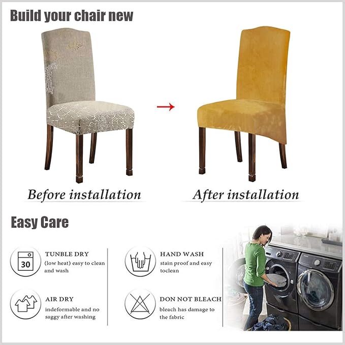 Velvet Plush XL Dining Chair Covers, Stretch Chaircover, Spandex High Chairs Protector Covers Seat Slipcover with Elastic Band for Dining Room,Wedding, Ceremony, Banquet (Mustard Gold, Set of 2)