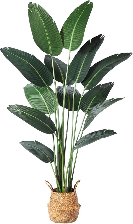 Ferrgoal Artificial Bird of Paradise Plants 6 Ft Fake Tropical Palm Tree with 13 Trunks in Pot and Woven Seagrass Belly Basket Perfect Faux Plant for Home Indoor Outdoor Office Modern Decor Green 1Pc…