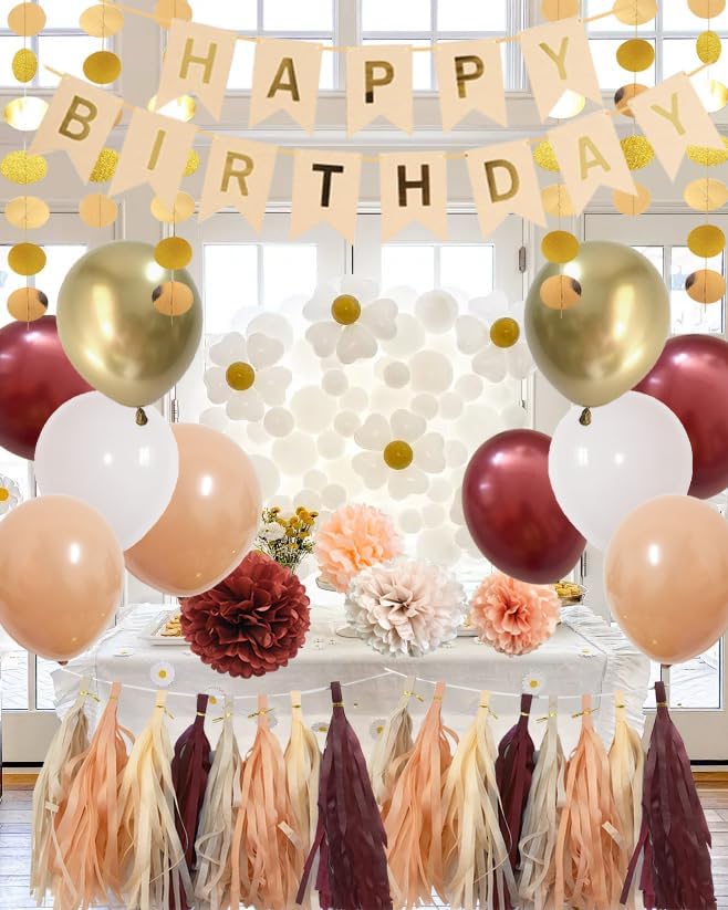 Birthday Decorations for Women in Fall Color – Maroon Peach Gold Happy birthday Decor with Balloons Banner Tissue Pompoms Paper Tassel Garland Party Supplies (Burgundy + Burnt Orange)