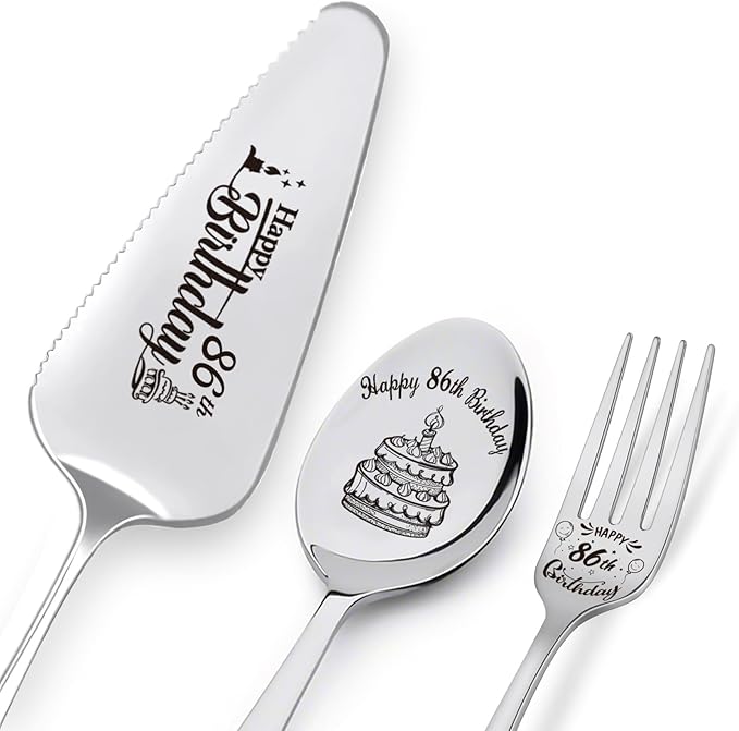 Happy 86th Birthday Personalized Laser-Engraved Stainless Steel Birthday Party Utensil Set - Cake Server, Spoon, and Fork for Mother Father Husband Wife Grandmother Grandfather