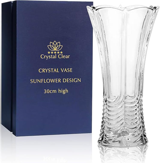 CS Crystal Vase 12-inch high, Water Ripple Design, for Flowers & Decor. Lovely Nice Shiny Piece. Perfect as a Gift, Suitable for All Occasions.