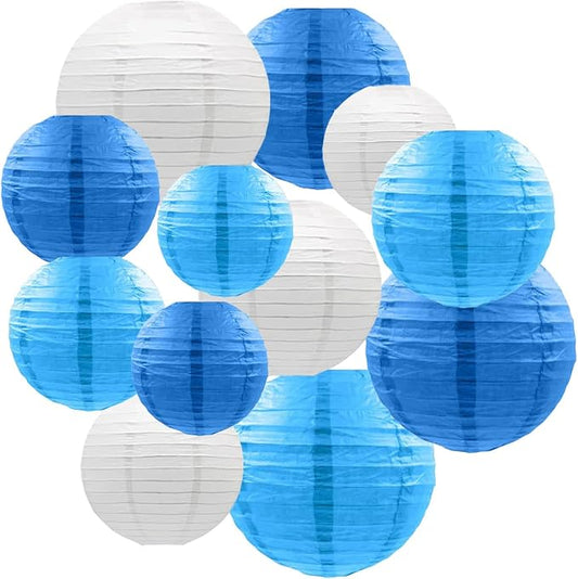 CC wonderland zone 12pcs Blue Hanging Paper Lanterns,Round Paper Lanterns for Birthday,Baby Shower,Wedding,Party,Home Ceiling Decoration（4" 6" 8" 10" ）