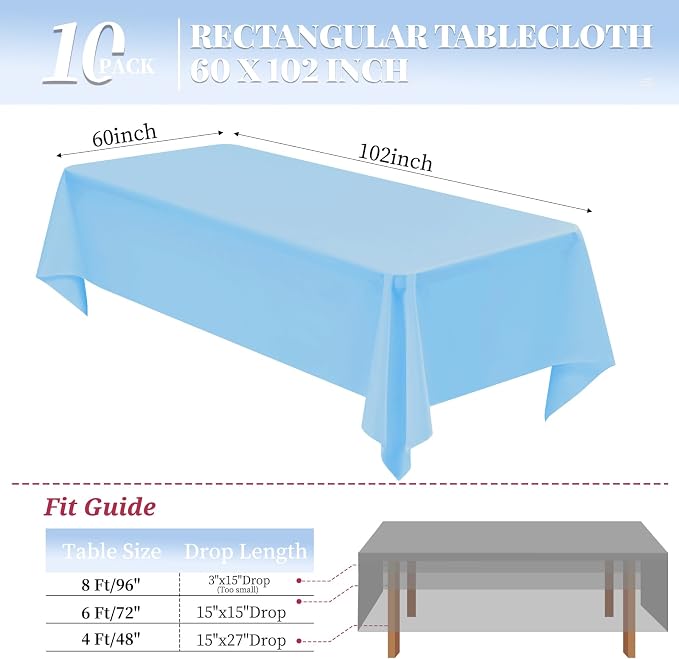 10 Pack Light Blue Tablecloth 60 x 102 Inch Blue Tablecloth for 6 Foot Rectangle Tables Light Blue Table Cloth Washable Polyester Fabric Table Cloths for Parties Wedding Banquet Christmas