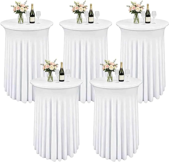5 Pack White Cocktail Table Covers - 32 x 43 Inch Stretch Spandex Cocktail Tablecloths with Skirt Round Stretch High Top Table Cloths for Party, Bar, Pub, Wedding, Banquet, Birthday