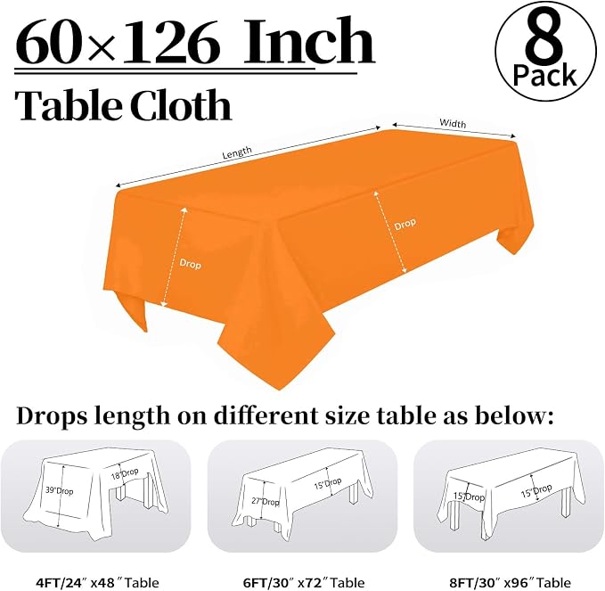 8 Pack Orange Tablecloth 60 x 126 Inch Rectangular Orange Table Cloth for 8 Foot Rectangle Tables, Wrinkle Resistant Washable Fabric for Wedding Party Banquet Buffet and Camping