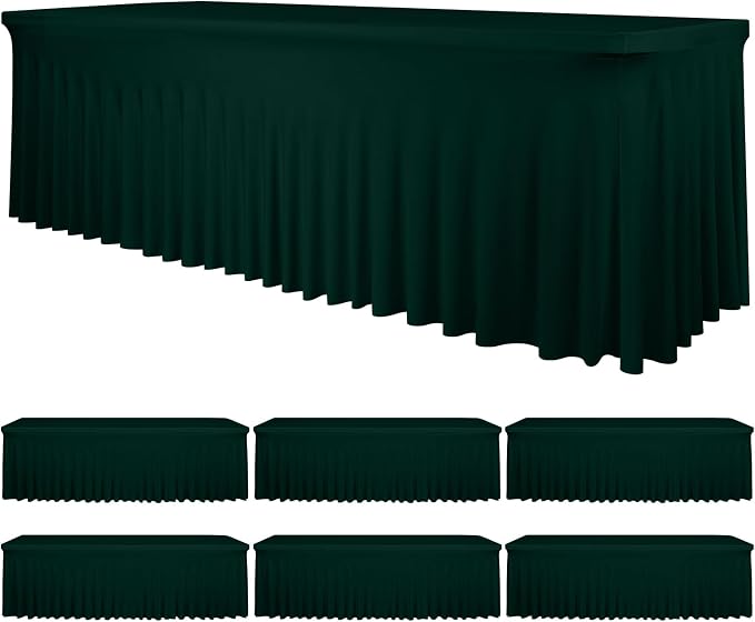 fani 6 Packs Emerald Green Stretch Table Skirts for 8 Foot Rectangle Table, Washable Spandex Stretch Tablecloths with Skirt, Wrinkle Resistant Fitted Tablecover for Wedding Party Banquet