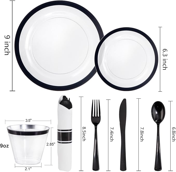 Liacere 350PCS Clear Black 350PCS Disposable Dinnerware Set for 50 Guests- 100 Plastic Plates, 50 Pre rolled Black Silverware,50 Plastic Cups for Wedding & Party & Graduation