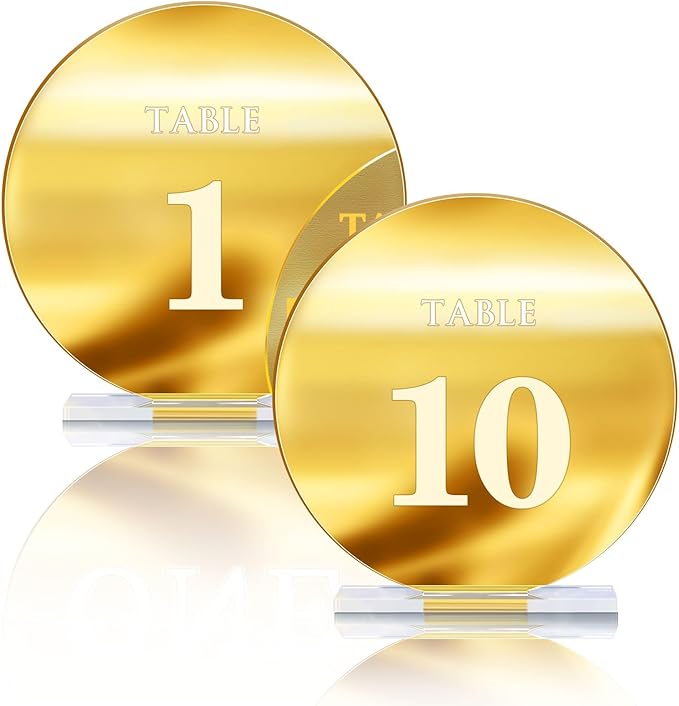 Acrylic Wedding Table Numbers 1-10 with Stands,4.8"Round Mirror Gold Table Number Signs and Holders for Wedding Reception, Party, Event, Centerpiece Decoration