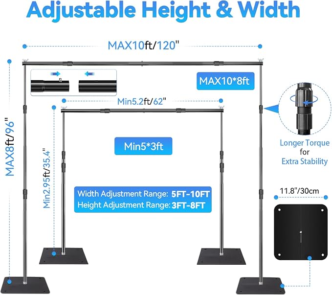 Heavy Backdrop Stand Kit, 10x8 ft(WxH) Adjustable Photographic Background Stand Support System Kit, Suitable for Professional Photography, Wedding, Family Celebration, Party, Birthday