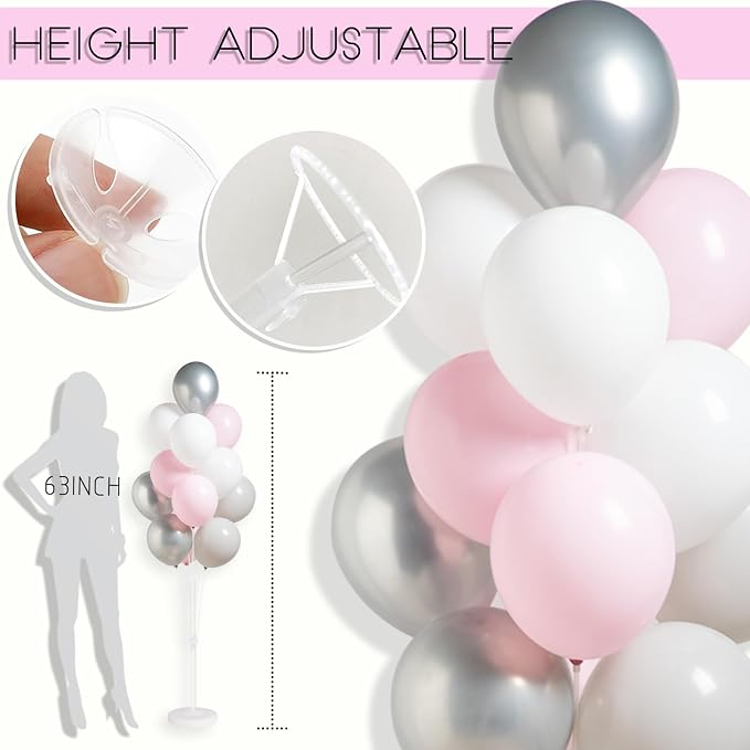 2 Set Balloon Stand Kit with Metallic Silver Pearl Light Balloons Column Kit for Floor&Table Backdrop Decor for Theme,Gender Reveal Party Weddind,Bridal Shower Birthday Graduation