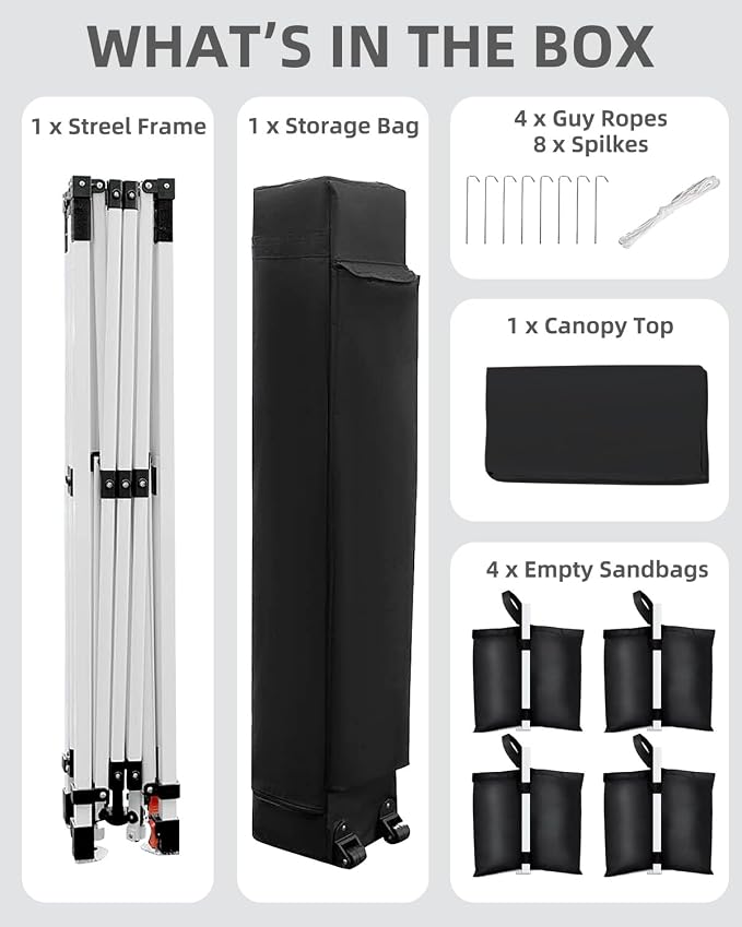 GarveeLife 10x10 Pop Up Canopy with One Button Push Setup - Heavy Duty Outdoor Canopy Tent with Portable Roller Bag - 3 Adjustable Height, 4 Weight Bags, 8 Stakes & 4 Guy Ropes Included, Black
