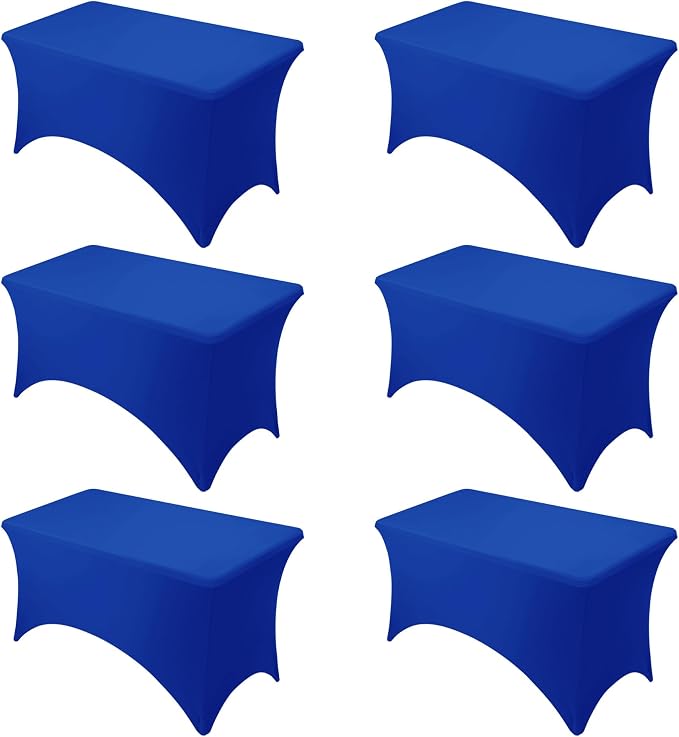 6-Pack Premium Royal Blue Spandex Tablecloths for 4ft Rectangle Tables, Stain & Wrinkle-Resistant, Washable Stretch Polyester Fitted Table Cover for Weddings, Banquets, Trade Shows Events