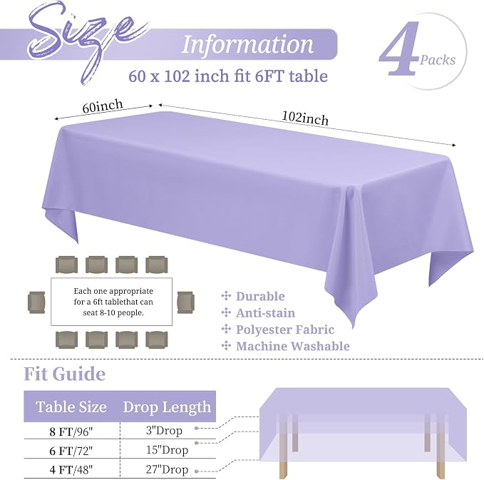 Showgeous 4 Pack Lavender Rectangle Tablecloth 60 x 102 Inch, Wrinkle Resistant Washable Polyester Table Cover for Wedding Dining Table Buffet Parties and Camping